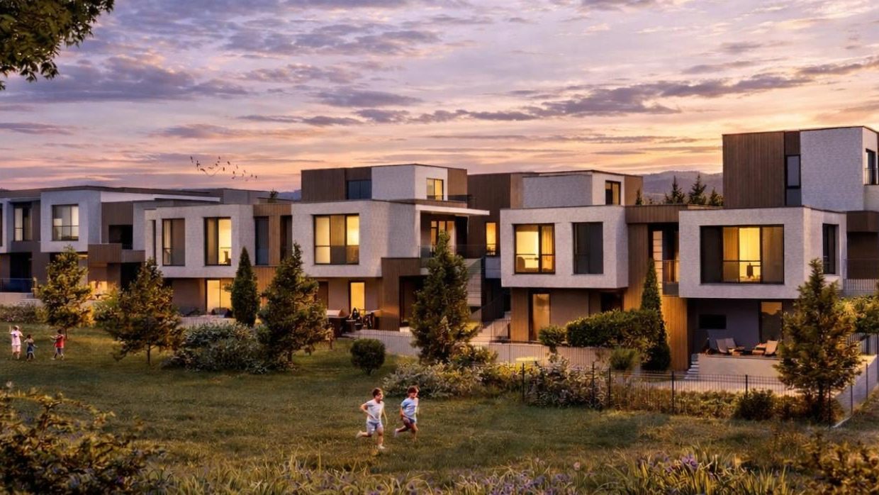 ENEA Residence — комплексът от къщи в Горна баня привечер